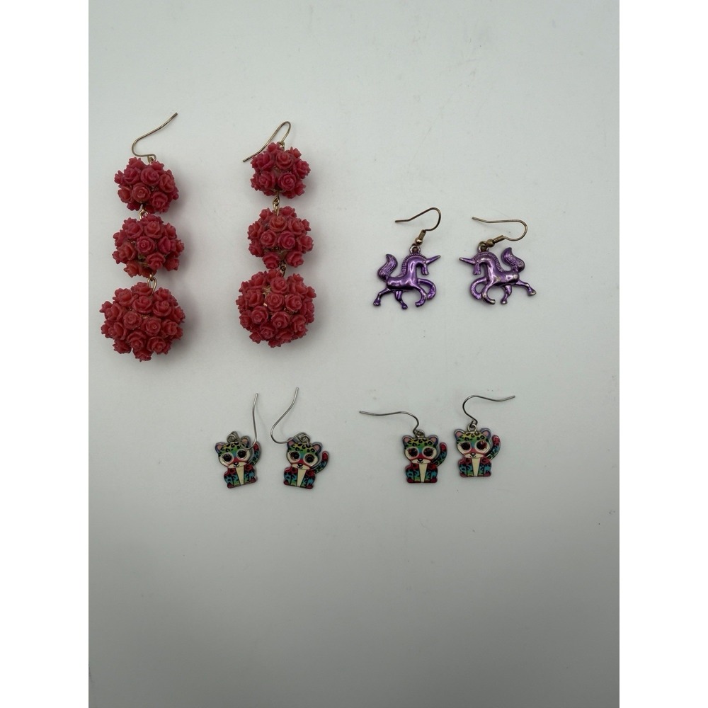 Lot 4 Pairs Statement Dangle Earrings Roses Unicorn Cats Colorful Novelty